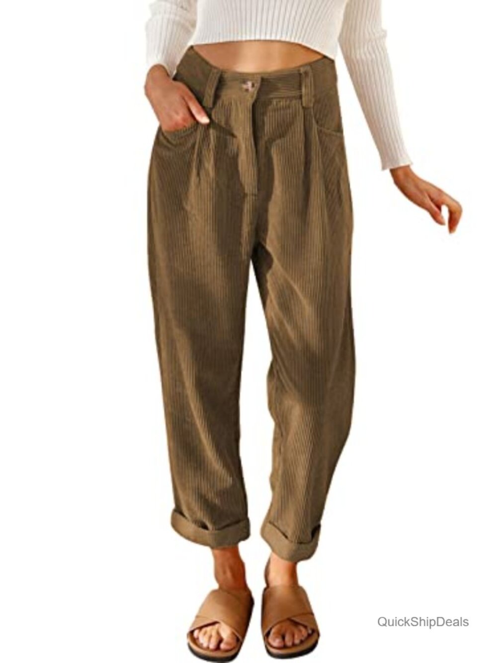 Corduroy Straight Leg Pants High Waisted Elastic Waist with Pockets Casual